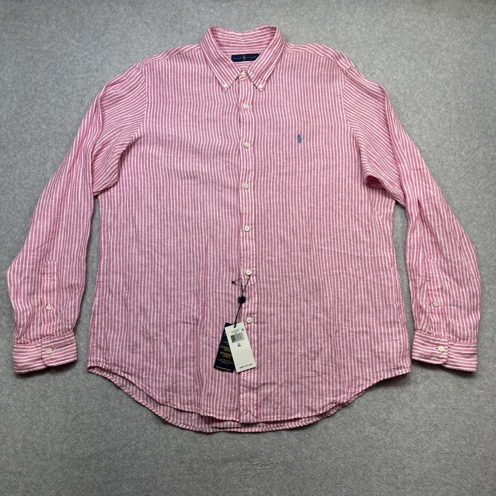Ralph Lauren Linen Shirt XL Pink Stripe Preppy Long Sleeve Button Down Casual